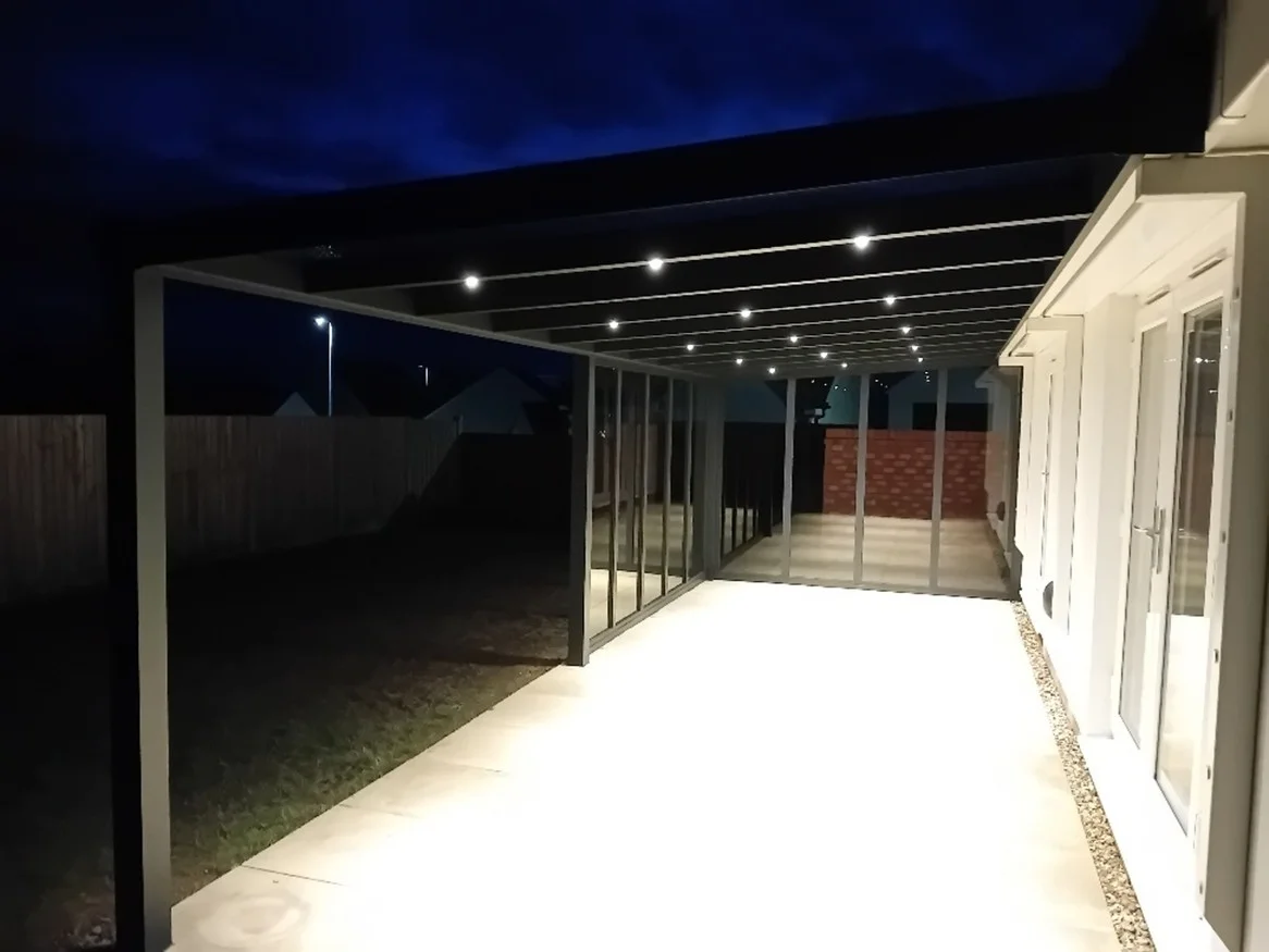 A Veranda with glass end and front screen with LED lights